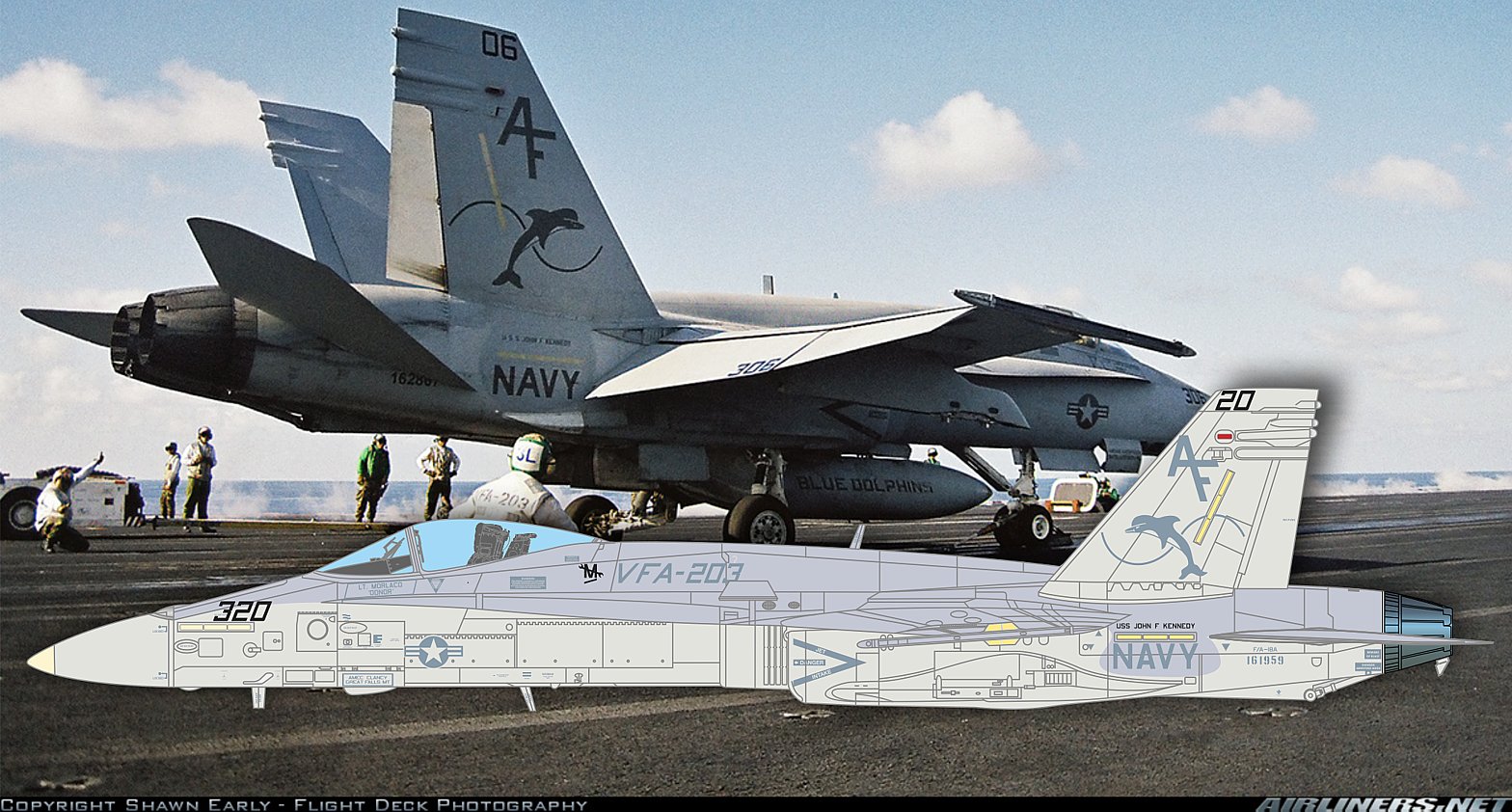 F/A-18A+ Hornet, 161959/AF320, VFA-203 "Blue Dolphins", USS John F Kennedy, July 2000.